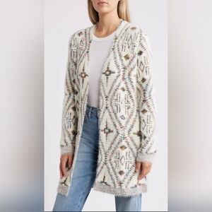 Bobeau Cream Multicolor Patterned Cardigan